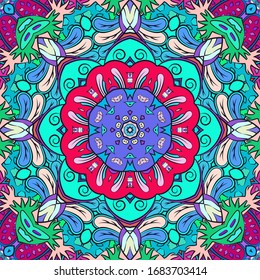 Seamless tracery tile mehndi design. Ethnic ornament, colorful doodle symmetry texture. Folk traditional spiritual tribal design. Curved doodling motif. Color art. Vector