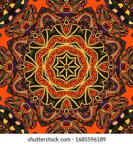 Seamless tracery tile mehndi design. Ethnic ornament, colorful doodle symmetry texture. Folk traditional spiritual tribal design. Curved doodling motif. Color art. Vector