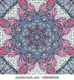 Seamless tracery tile mehndi design. Ethnic ornament, colorful doodle symmetry texture. Folk traditional spiritual tribal design. Curved doodling motif. Color art. Vector