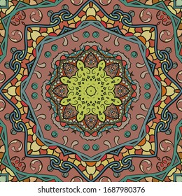 Seamless tracery tile mehndi design. Ethnic ornament, colorful doodle symmetry texture. Folk traditional spiritual tribal design. Curved doodling motif. Color art. Vector