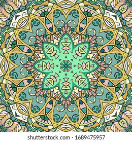 Seamless tracery tile mehndi design. Ethnic ornament, colorful doodle symmetry texture. Folk traditional spiritual tribal design. Curved doodling motif. Color art. Vector