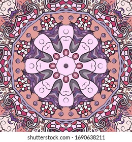 Seamless tracery tile mehndi design. Ethnic ornament, colorful doodle symmetry texture. Folk traditional spiritual tribal design. Curved doodling motif. Color art. Vector