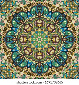 Seamless tracery tile mehndi design. Ethnic ornament, colorful doodle symmetry texture. Folk traditional spiritual tribal design. Curved doodling motif. Color art. Vector