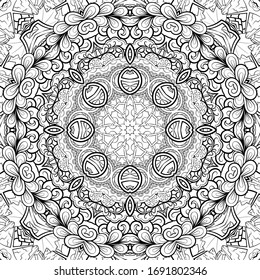 Seamless tracery tile mehndi design. Ethnic ornament, doodle symmetry texture. Folk traditional spiritual tribal design. Curved doodling motif. Binary monochrome black and white art. Vector