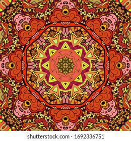 Seamless tracery tile mehndi design. Ethnic ornament, colorful doodle symmetry texture. Folk traditional spiritual tribal design. Curved doodling motif. Color art. Vector