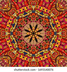 Seamless tracery tile mehndi design. Ethnic ornament, colorful doodle symmetry texture. Folk traditional spiritual tribal design. Curved doodling motif. Color art. Vector