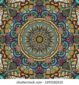 Seamless tracery tile mehndi design. Ethnic ornament, colorful doodle symmetry texture. Folk traditional spiritual tribal design. Curved doodling motif. Color art. Vector