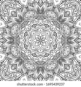 Seamless tracery tile mehndi design. Ethnic ornament, doodle symmetry texture. Folk traditional spiritual tribal design. Curved doodling motif. Binary monochrome black and white art. Vector