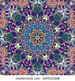 Seamless tracery tile mehndi design. Ethnic ornament, colorful doodle symmetry texture. Folk traditional spiritual tribal design. Curved doodling motif. Color art. Vector