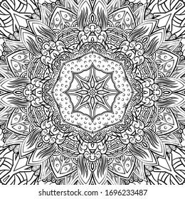 Seamless tracery tile mehndi design. Ethnic ornament, doodle symmetry texture. Folk traditional spiritual tribal design. Curved doodling motif. Binary monochrome black and white art. Vector