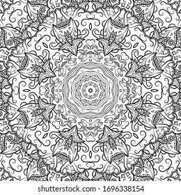 Seamless tracery tile mehndi design. Ethnic ornament, doodle symmetry texture. Folk traditional spiritual tribal design. Curved doodling motif. Binary monochrome black and white art. Vector