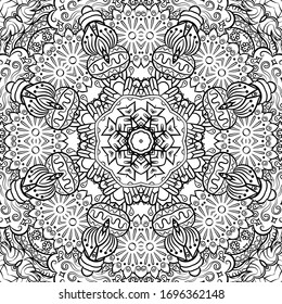 Seamless tracery tile mehndi design. Ethnic ornament, doodle symmetry texture. Folk traditional spiritual tribal design. Curved doodling motif. Binary monochrome black and white art. Vector