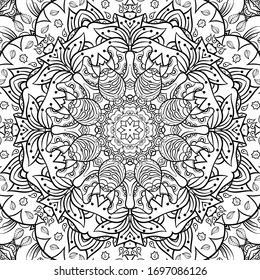 Seamless tracery tile mehndi design. Ethnic ornament, doodle symmetry texture. Folk traditional spiritual tribal design. Curved doodling motif. Binary monochrome black and white art. Vector
