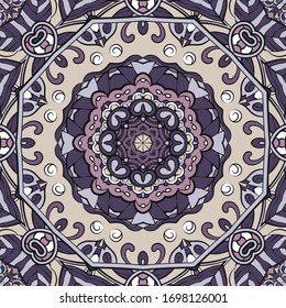 Seamless tracery tile mehndi design. Ethnic ornament, colorful doodle symmetry texture. Folk traditional spiritual tribal design. Curved doodling motif. Color art. Vector