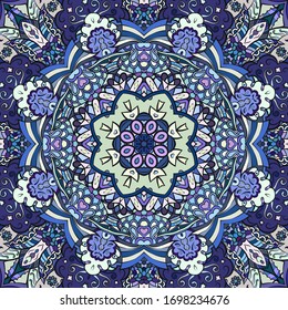 Seamless tracery tile mehndi design. Ethnic ornament, colorful doodle symmetry texture. Folk traditional spiritual tribal design. Curved doodling motif. Color art. Vector