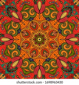 Seamless tracery tile mehndi design. Ethnic ornament, colorful doodle symmetry texture. Folk traditional spiritual tribal design. Curved doodling motif. Color art. Vector