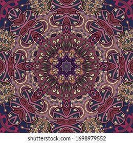 Seamless tracery tile mehndi design. Ethnic ornament, colorful doodle symmetry texture. Folk traditional spiritual tribal design. Curved doodling motif. Color art. Vector