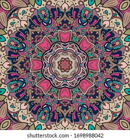 Seamless tracery tile mehndi design. Ethnic ornament, colorful doodle symmetry texture. Folk traditional spiritual tribal design. Curved doodling motif. Color art. Vector