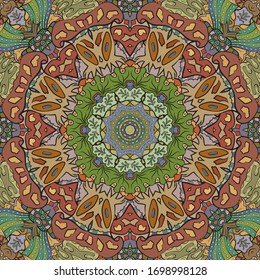 Seamless tracery tile mehndi design. Ethnic ornament, colorful doodle symmetry texture. Folk traditional spiritual tribal design. Curved doodling motif. Color art. Vector