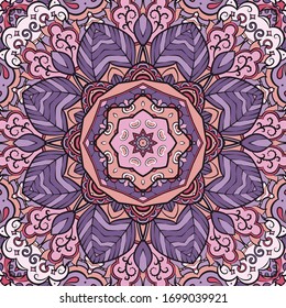 Seamless tracery tile mehndi design. Ethnic ornament, colorful doodle symmetry texture. Folk traditional spiritual tribal design. Curved doodling motif. Color art. Vector