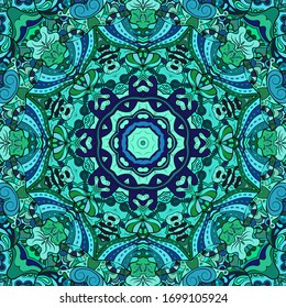 Seamless tracery tile mehndi design. Ethnic ornament, colorful doodle symmetry texture. Folk traditional spiritual tribal design. Curved doodling motif. Color art. Vector