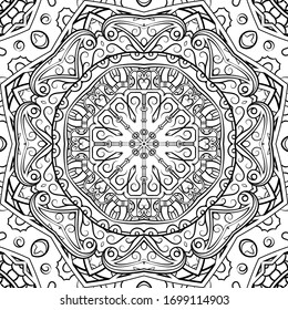 Seamless tracery tile mehndi design. Ethnic ornament, doodle symmetry texture. Folk traditional spiritual tribal design. Curved doodling motif. Binary monochrome black and white art. Vector