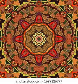 Seamless tracery tile mehndi design. Ethnic ornament, colorful doodle symmetry texture. Folk traditional spiritual tribal design. Curved doodling motif. Color art. Vector