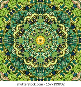 Seamless tracery tile mehndi design. Ethnic ornament, colorful doodle symmetry texture. Folk traditional spiritual tribal design. Curved doodling motif. Color art. Vector