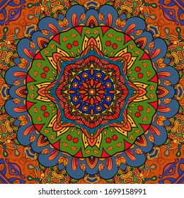 Seamless tracery tile mehndi design. Ethnic ornament, colorful doodle symmetry texture. Folk traditional spiritual tribal design. Curved doodling motif. Color art. Vector