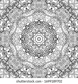 Seamless tracery tile mehndi design. Ethnic ornament, doodle symmetry texture. Folk traditional spiritual tribal design. Curved doodling motif. Binary monochrome black and white art. Vector