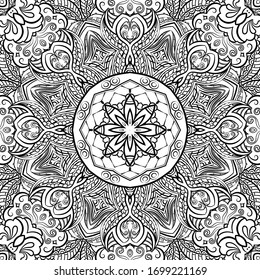 Seamless tracery tile mehndi design. Ethnic ornament, doodle symmetry texture. Folk traditional spiritual tribal design. Curved doodling motif. Binary monochrome black and white art. Vector