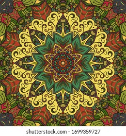 Seamless tracery tile mehndi design. Ethnic ornament, colorful doodle symmetry texture. Folk traditional spiritual tribal design. Curved doodling motif. Color art. Vector