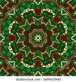 Seamless tracery tile mehndi design. Ethnic ornament, colorful doodle symmetry texture. Folk traditional spiritual tribal design. Curved doodling motif. Color art. Vector