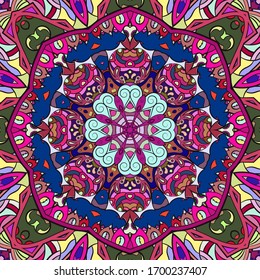 Seamless tracery tile mehndi design. Ethnic ornament, colorful doodle symmetry texture. Folk traditional spiritual tribal design. Curved doodling motif. Color art. Vector