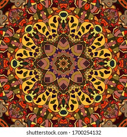 Seamless tracery tile mehndi design. Ethnic ornament, colorful doodle symmetry texture. Folk traditional spiritual tribal design. Curved doodling motif. Color art. Vector