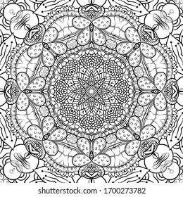 Seamless tracery tile mehndi design. Ethnic ornament, doodle symmetry texture. Folk traditional spiritual tribal design. Curved doodling motif. Binary monochrome black and white art. Vector