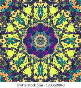 Seamless tracery tile mehndi design. Ethnic ornament, colorful doodle symmetry texture. Folk traditional spiritual tribal design. Curved doodling motif. Color art. Vector