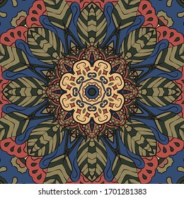 Seamless tracery tile mehndi design. Ethnic ornament, colorful doodle symmetry texture. Folk traditional spiritual tribal design. Curved doodling motif. Color art. Vector