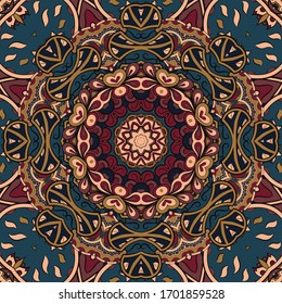 Seamless tracery tile mehndi design. Ethnic ornament, colorful doodle symmetry texture. Folk traditional spiritual tribal design. Curved doodling motif. Color art. Vector