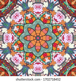 Seamless tracery tile mehndi design. Ethnic ornament, colorful doodle symmetry texture. Folk traditional spiritual tribal design. Curved doodling motif. Color art. Vector
