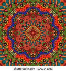 Seamless tracery tile mehndi design. Ethnic ornament, colorful doodle symmetry texture. Folk traditional spiritual tribal design. Curved doodling motif. Color art. Vector