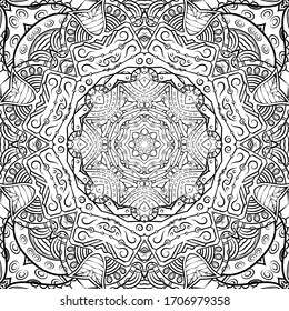 Seamless tracery tile mehndi design. Ethnic ornament, doodle symmetry texture. Folk traditional spiritual tribal design. Curved doodling motif. Binary monochrome black and white art. Vector