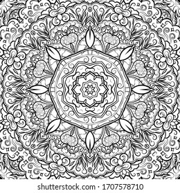 Seamless tracery tile mehndi design. Ethnic ornament, doodle symmetry texture. Folk traditional spiritual tribal design. Curved doodling motif. Binary monochrome black and white art. Vector