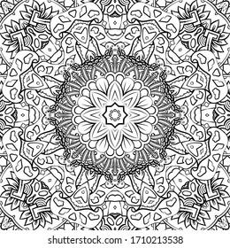 Seamless tracery tile mehndi design. Ethnic ornament, doodle symmetry texture. Folk traditional spiritual tribal design. Curved doodling motif. Binary monochrome black and white art. Vector