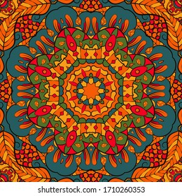 Seamless tracery tile mehndi design. Ethnic ornament, colorful doodle symmetry texture. Folk traditional spiritual tribal design. Curved doodling motif. Color art. Vector