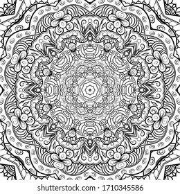 Seamless tracery tile mehndi design. Ethnic ornament, doodle symmetry texture. Folk traditional spiritual tribal design. Curved doodling motif. Binary monochrome black and white art. Vector