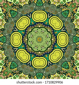 Seamless tracery tile mehndi design. Ethnic ornament, colorful doodle symmetry texture. Folk traditional spiritual tribal design. Curved doodling motif. Color art. Vector