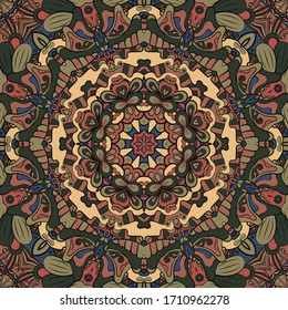 Seamless tracery tile mehndi design. Ethnic ornament, colorful doodle symmetry texture. Folk traditional spiritual tribal design. Curved doodling motif. Color art. Vector