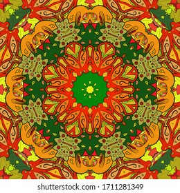 Seamless tracery tile mehndi design. Ethnic ornament, colorful doodle symmetry texture. Folk traditional spiritual tribal design. Curved doodling motif. Color art. Vector