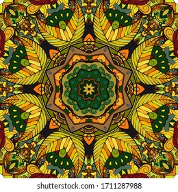 Seamless tracery tile mehndi design. Ethnic ornament, colorful doodle symmetry texture. Folk traditional spiritual tribal design. Curved doodling motif. Color art. Vector